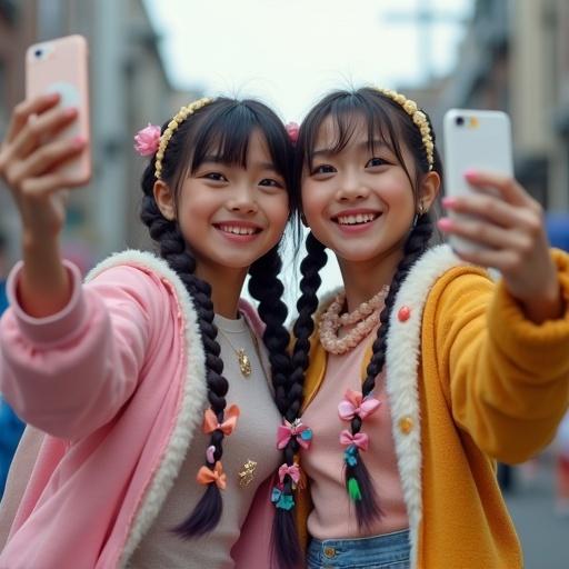 Two girls in costumes smiling. They are taking selfies on a colorful street. They have colorful braids in their hair. The scene is vibrant and cheerful. The photo has a Fujifilm aesthetic and is very detailed.