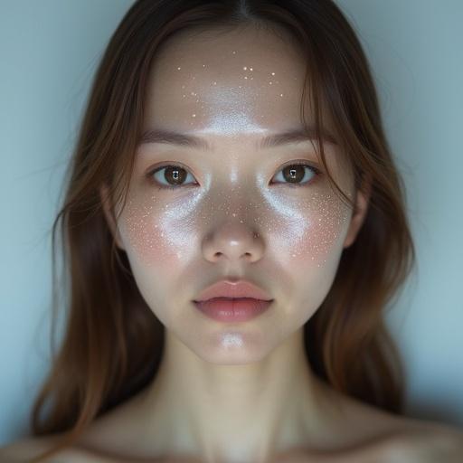 Serene face under bio-organic film. Soft diffused lighting. Glitter patterns on skin. Calm expression, long brown hair. Minimalist background, muted colors.