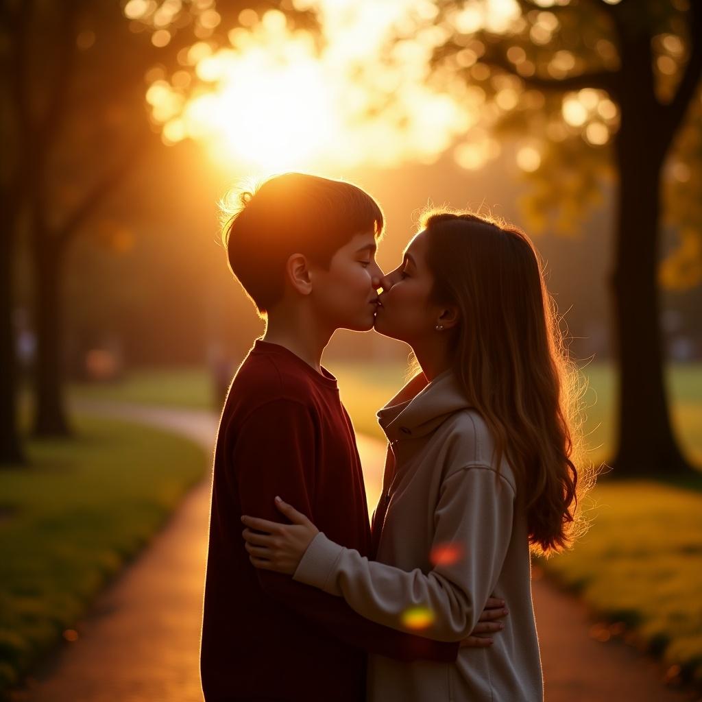 A girl and boy kissing each other in a park during sunset. Warm light surrounds them.