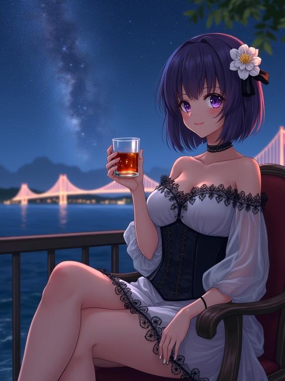 Anime-style lady sitting on a chair holding a glass of amber liquor. Nighttime seaside hotel veranda with Akashi Kaikyō Bridge in the background. She has dark violet hair and violet eyes. Elegant off-shoulder dress with intricate lace. Soft lighting from the stars and bridge creates a magical scene.