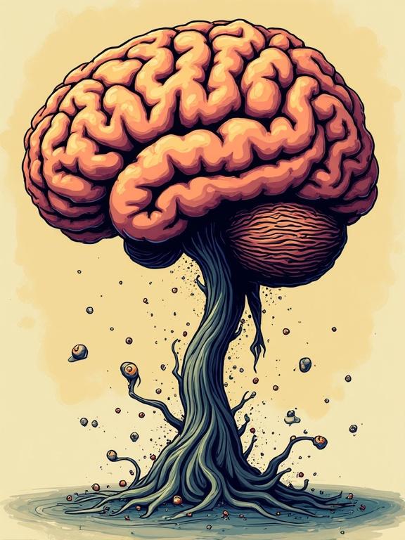 A humorous depiction of a human brain illustrated upside down in a comic style, featuring exaggerated details and a whimsical tree-like trunk.