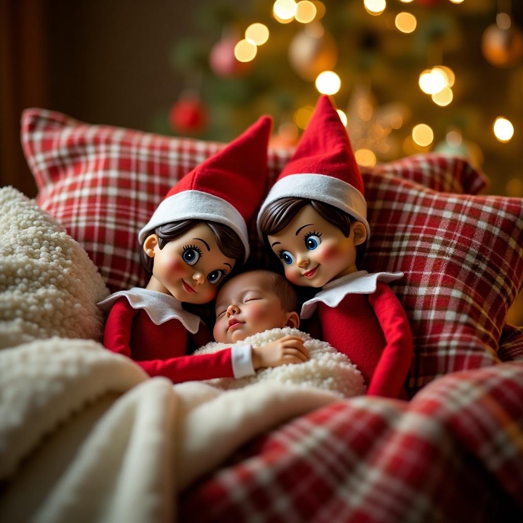 A girl elf and a boy elf are sleeping. A baby elf is nestled between them. They are in a cozy Christmas bed. Surroundings include holiday decorations and soft blankets.