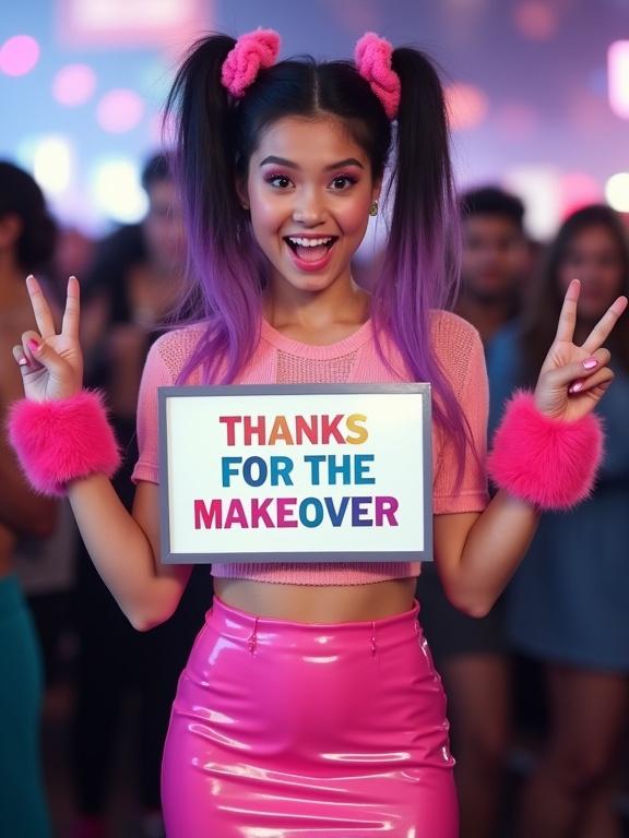A vibrant young woman is striking a pose. She has dark hair in high pigtails with pink bows and purple ends. Her makeup is bold and colorful. She wears a pink crop top and a shiny mini-skirt. She holds a sign that says 'THANKS FOR THE MAKEOVER.' The background has a blurred crowd indicating an event.