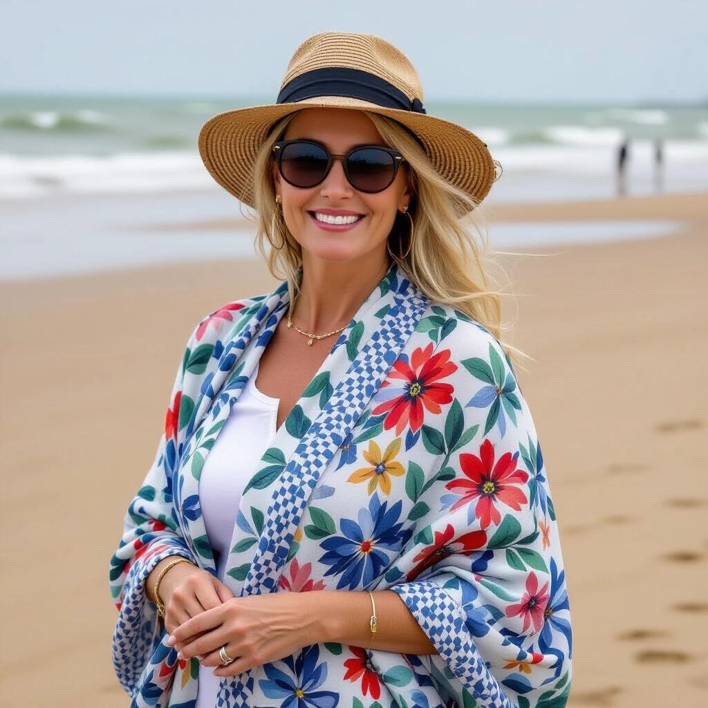 Dutch woman stands on beach in Callantsoog. She wears floral shawl and a hat. The ocean background is visible. It is cloudy.