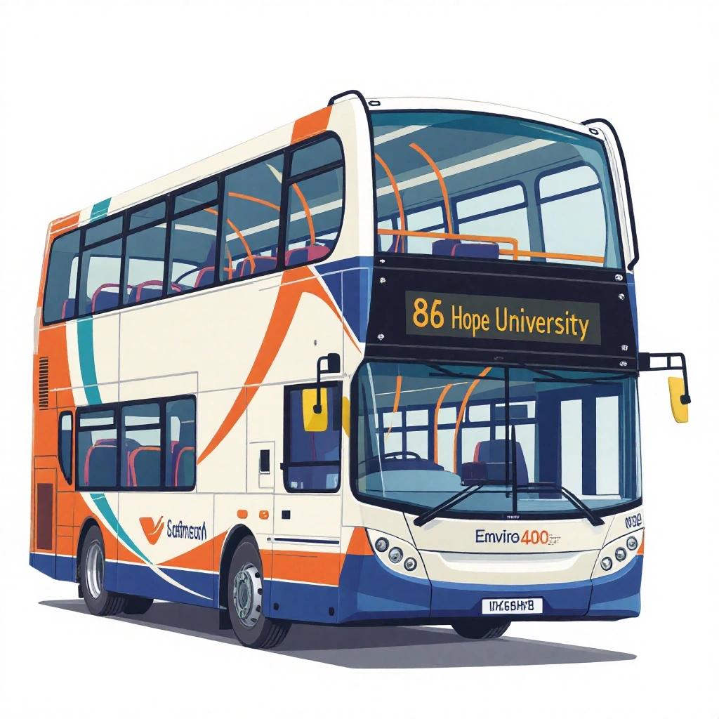 A vector representation of a double-deck bus from Stagecoach Merseyside. The bus features a white base with vivid orange, red, and blue swoops. The destination board displays "86C Hope University."