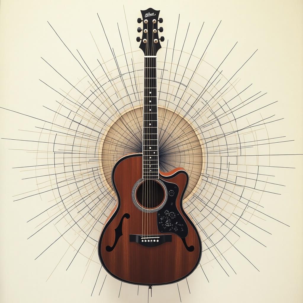 The image presents a beautifully designed acoustic guitar displayed in a unique way. It features an intricate background that radiates lines, evoking the sunburst effect. The guitar is shown in an orthographic projection style, giving a clear view of its structure and design elements. Its wood grain and details are highlighted, indicating fine craftsmanship. This artistic representation combines music and visual design, suggesting a connection between art and sound.