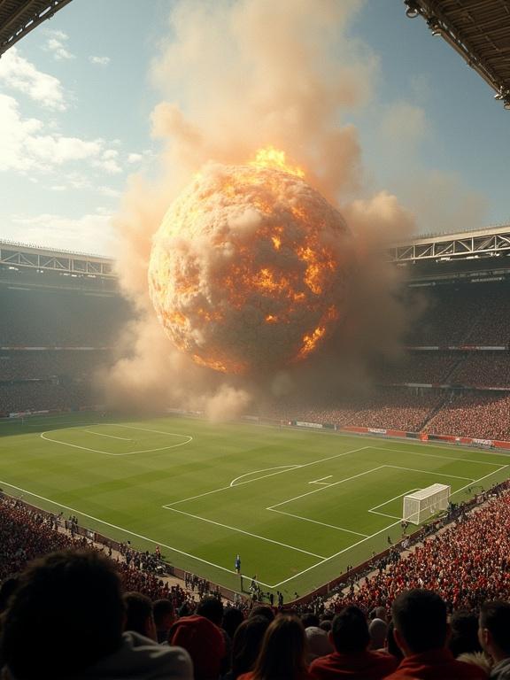 A massive unidentified object crashes into a football field. Explosion of dust and debris fills the air. Thousands of spectators react in shock. Scene in daylight. Ultra-realistic lighting and textures. Cinematic angle. Full crowd present.