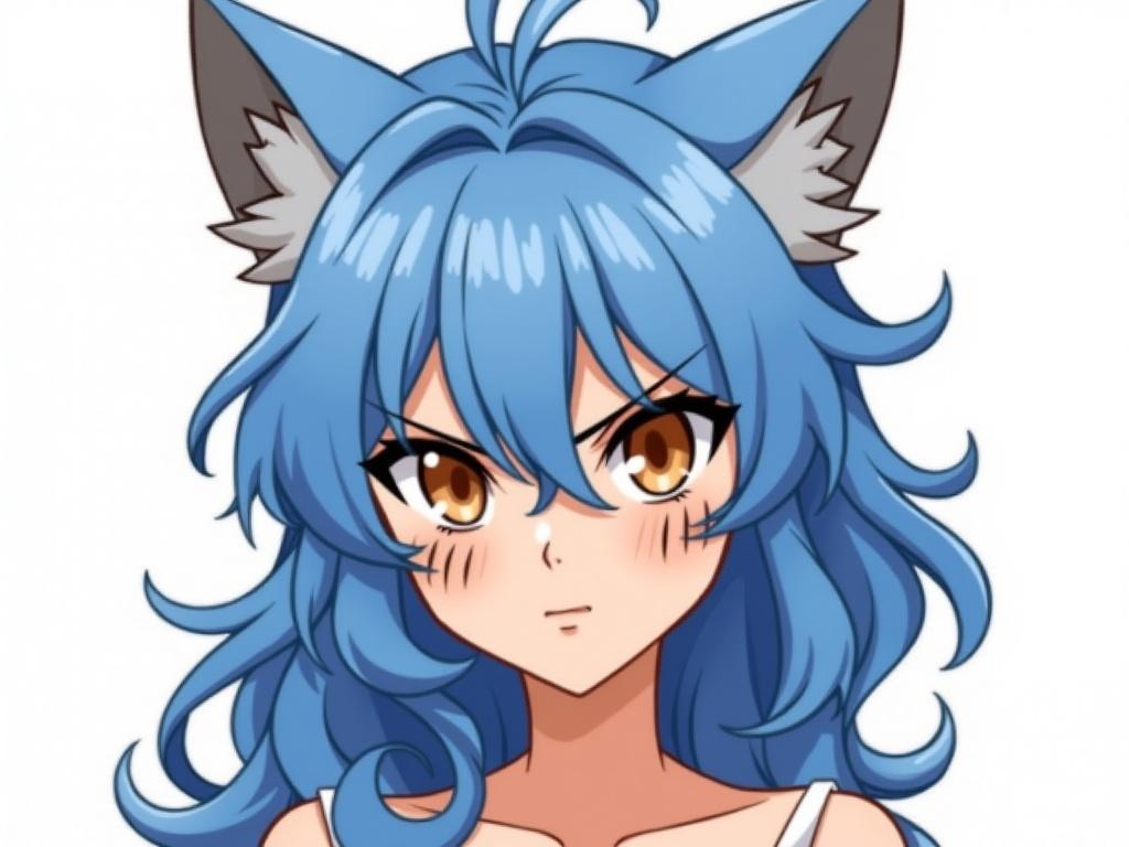 The image features a female character with blue hair adorned with gray and white pointed ears resembling a feline. Her hair is voluminous and wavy, framing her face. She has striking amber eyes, defined cheekbones, and facial markings that resemble whisker stripes. The composition centers on her head and shoulders, with a simple white background emphasizing her sharp features. The character’s expression is confident and fierce, enhanced by the bold colors and outlines typical of animated artwork.