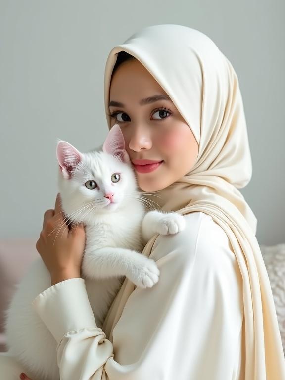 High-Detail of a Young Beautiful Indonesian Woman in Cream Hijab with Natural Makeup. Woman sitting leisurely in a white room hugging a white Persian cat.