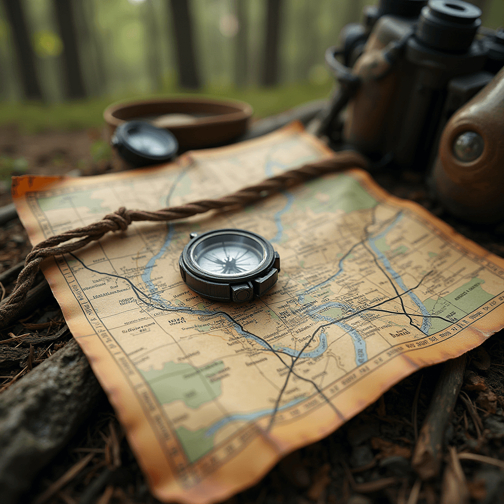 A compass resting on an old map surrounded by outdoor exploration gear in a forest setting.