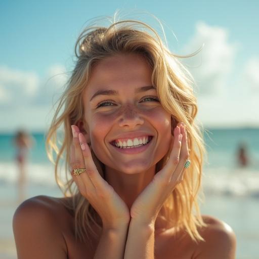 Photorealistic portrait of a smiling blonde girl with green eyes on a beach. She expresses delight with her hands up. Clear sky and sea in background.