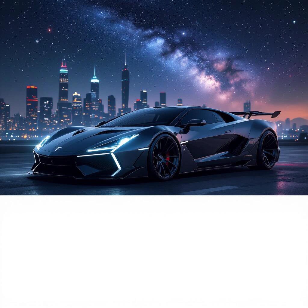 Futuristic low rider hypercar parked in a megacity. Dark scenery with a nebula sky. Captured in raw photograph style at night.