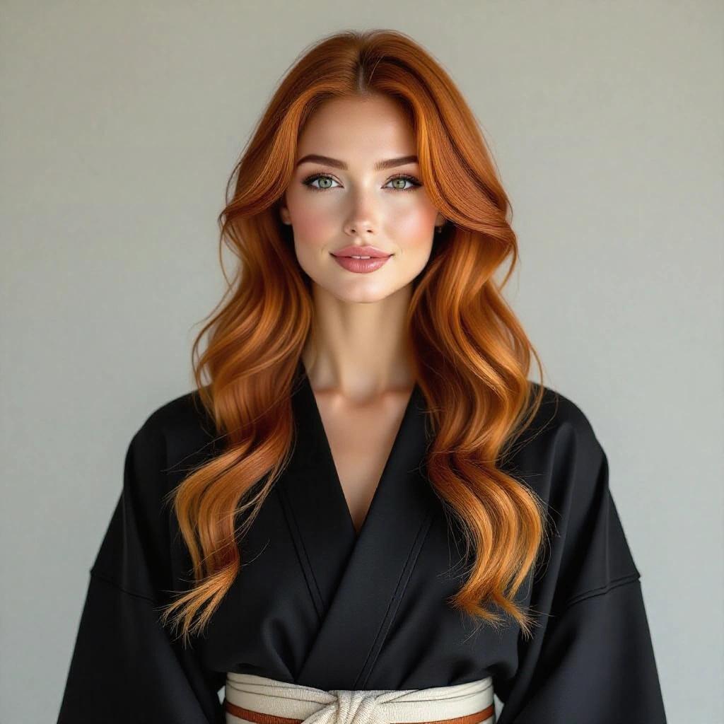 Full-body portrait of a confident woman with long wavy strawberry-blonde hair. Soft natural facial features with calm expression. Wearing a black Japanese kimono-style outfit with a cloth belt. Focus on her figure and posture against a plain background.