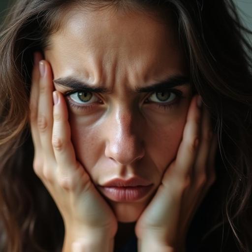 Close-up portrait of a person showing extreme frustration. Hands gripping face. Sharp details highlighting stress lines. Blurred background for focus. Muted colors for drama. Artistic elements in texture and hair.