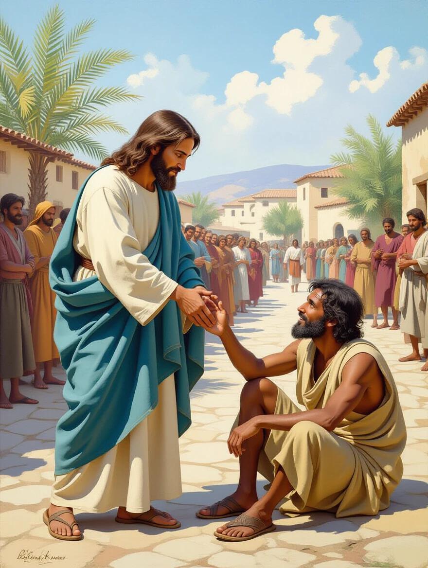 Jesus bends down and offers his hand to a beggar seated on the ground.