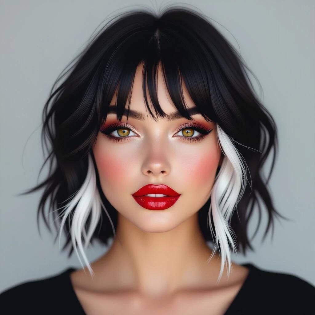 A girl with red eyes and lip gloss. She has a seductive smile and short black hair with white highlights on the ends. Two strands of hair frame her face. She has visible bags under her eyes.
