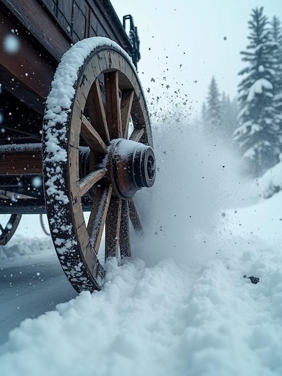Dynamic low-angle shot of a heavy wooden carriage wheel in motion. Snow and ice are kicked up, creating splinters and capturing action. The scene is perilous with churning snow and dramatic lighting.