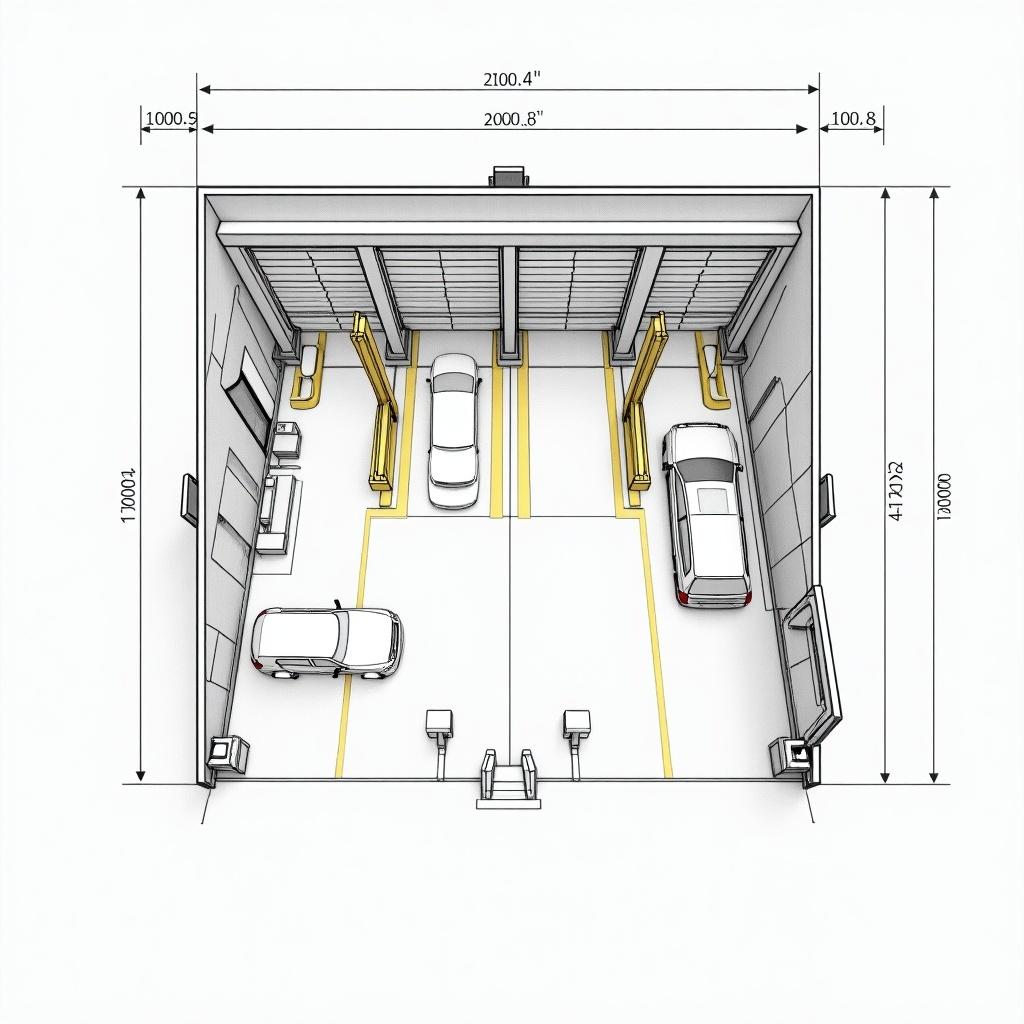 Space planning for a 400 square meter garage. Main area includes cranes tilted for easy car access. One entrance for vehicle flow. Features a customer reception area and management office. Includes corridors for car movement without storage or waiting spaces.