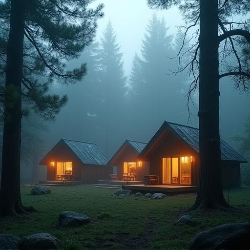 Cluster of cozy cabins situated within foggy woods. Warm light spills from cabin windows, creating inviting ambiance. Lush trees surround the area, adding to tranquility.