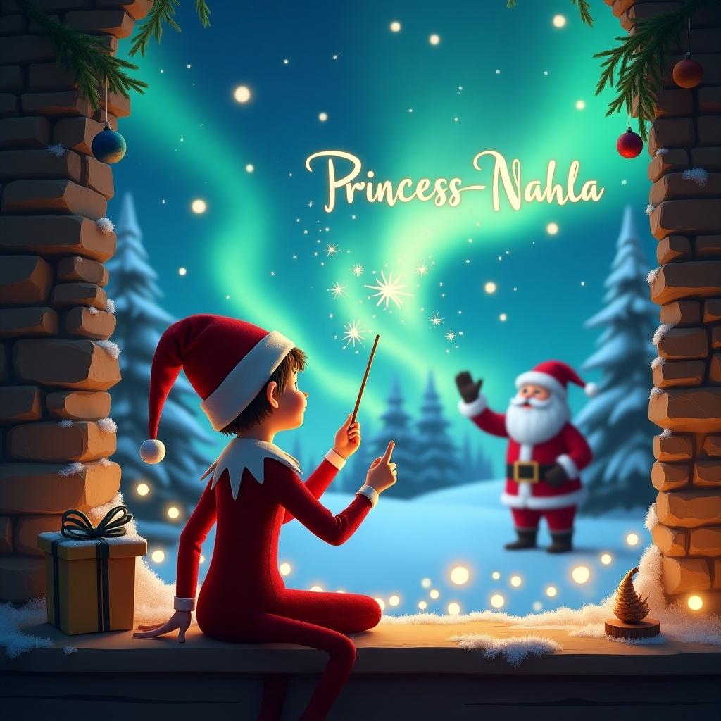 The image features an elf on a shelf, with its back turned to the viewer, gazing up at the sky. The elf holds a wand, magically writing the name 'Princess-Nahla' in sparkling letters against a backdrop of enchanting northern lights. In the distance, Santa Claus can be seen, adding to the festive atmosphere. The scene is illuminated with soft, glowing lights, creating a whimsical and inviting holiday vibe. It captures the essence of Christmas magic for children and families alike.