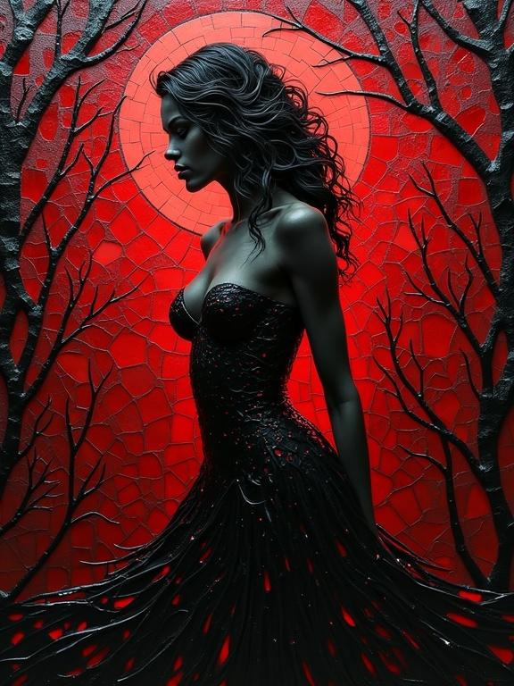 3D artistic representation of a young woman's body in Gothic style. Dark red background with a dramatic silhouette. Abstract and erotic elements are present. Encaustic mixed media enhances visual intrigue.