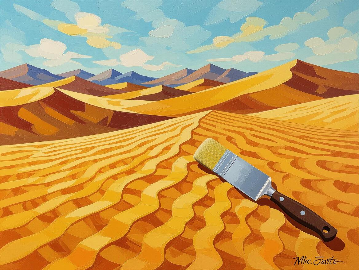 This image features a desert landscape with a paintbrush resting on textured sand. The painting employs thick impasto paint with actual sand mixed in, showcasing the artistic technique. The palette knife reveals authentic desert textures. The work stands out for its three-dimensional textural reality. It represents innovative contemporary landscape technique, offering a tactile artistic experience.