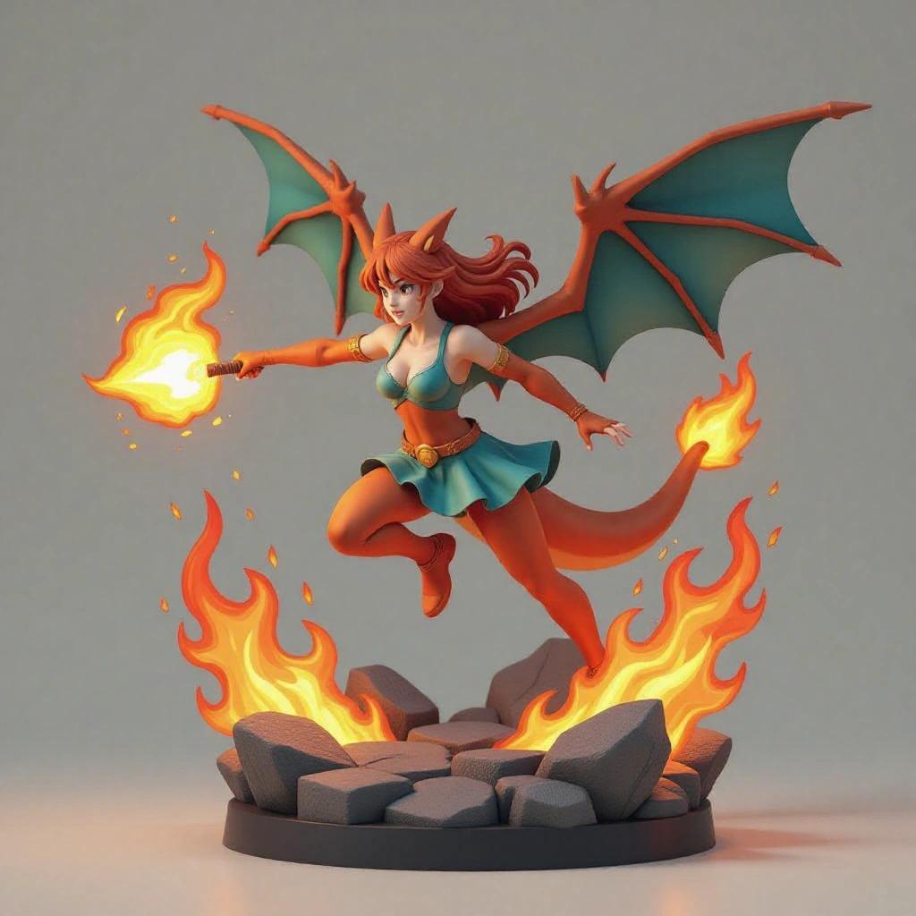 3D female figure inspired by Charizard designed for resin printing in mid-air launching a large flame with an aggressive expression. The figure features Charizard-like wings and armor in orange and gold tones. Her hair is fiery red and the base consists of volcanic rocks. Realistic-fantasy style recognizable as female Charizard.