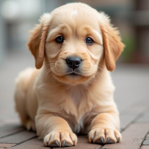 A puppy resting on a surface. The golden retriever puppy has soft fur and big eyes.