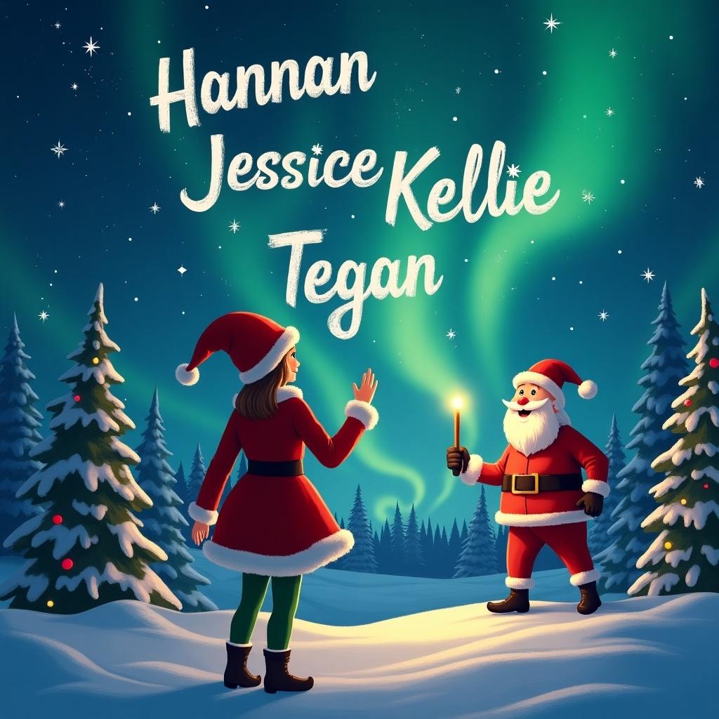 Elf backs to image. Elf faces sky. Elf uses wand to write names. Background is magical Christmas scene. Northern lights visible. Santa Claus appears. Names Hannah Jessica Kellie Tegan written in sky.