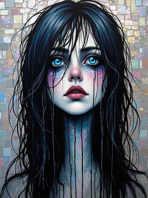 Ethereal portrait of a woman with long wet hair. Bright blue eyes. Surrealistic expression. Background features iridescent ceramic and glass mosaic. Dark drips of paint create a melting effect.