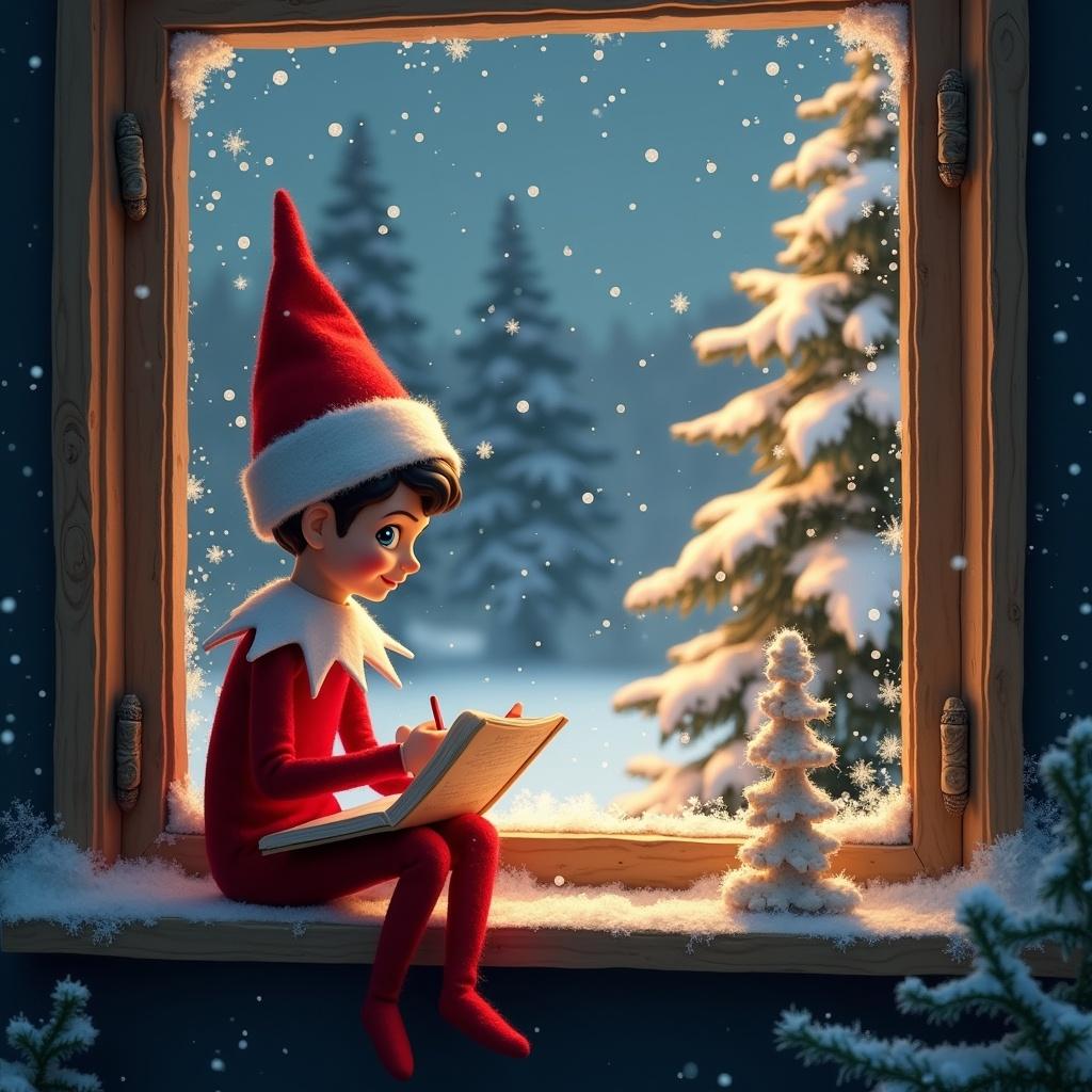 Adorable elf on the shelf sitting by a window. Cozy winter scene. Warmly illuminated room with snow-covered trees outside. Magical Christmas atmosphere created.