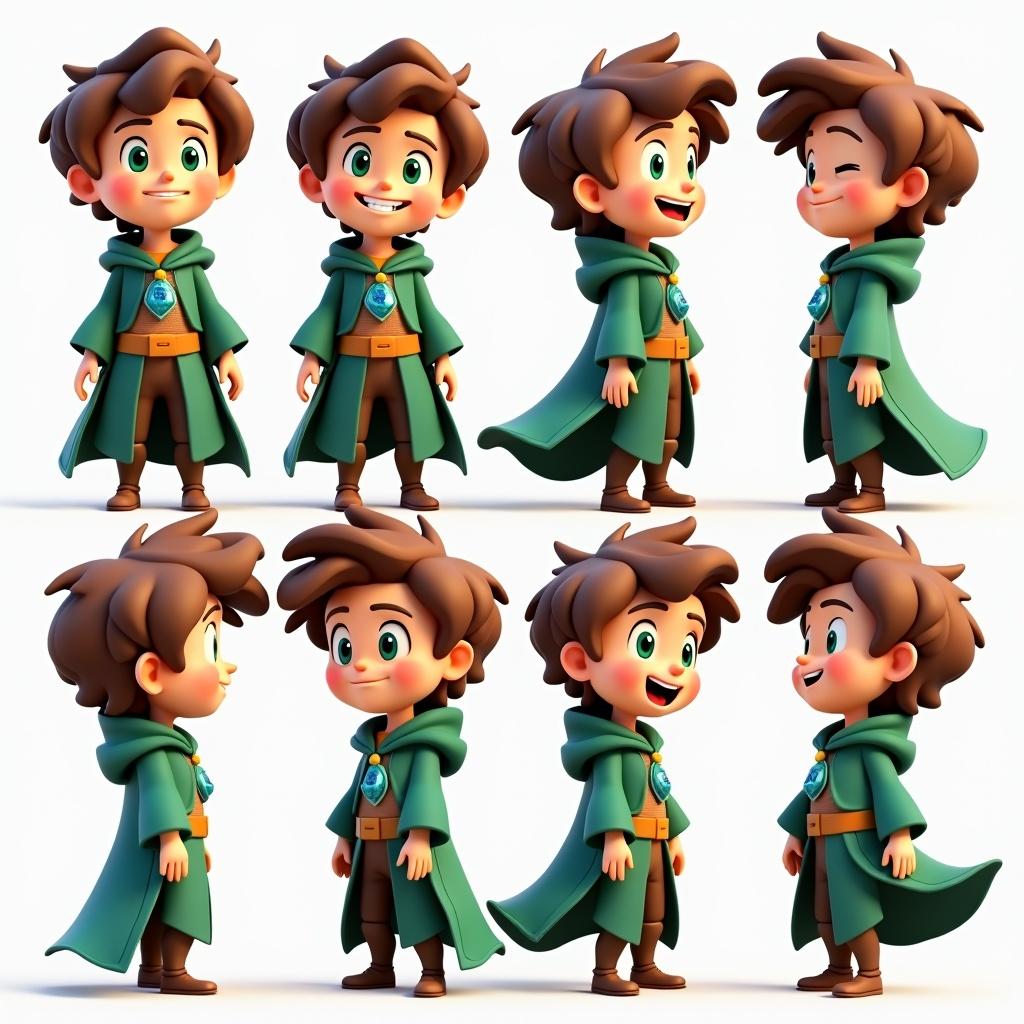 This image showcases a 3D cartoon character of a 10-year-old boy with wavy brown hair and bright green eyes. He wears green mage robes and a sapphire pendant, emphasizing a magical theme. The character is depicted in various poses, expressing a range of emotions such as joy, sadness, anger, excitement, and curiosity. Each pose captures lively movement, reflecting his cheerful personality. The bright color palette reinforces the fun and engaging aspect of the design, making it ideal for children's media contexts like books and animations.