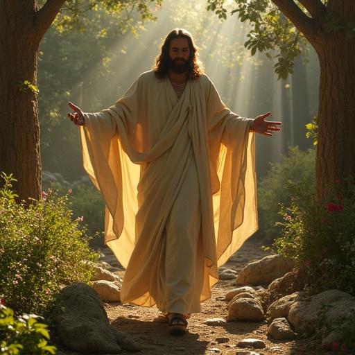 Jesus kneeling in prayer, viewed from behind, in a garden setting. The image should be super-realistic.