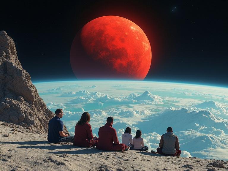Create artwork of people on otherworldly surface observing Earth. Group has varied ages and styles. Surface is desaturated and cratered. Earth is vivid with blue oceans and white clouds. Large red sun looms above against a black sky. Evoke awe and unease. Themes of cosmic observation and human identity.