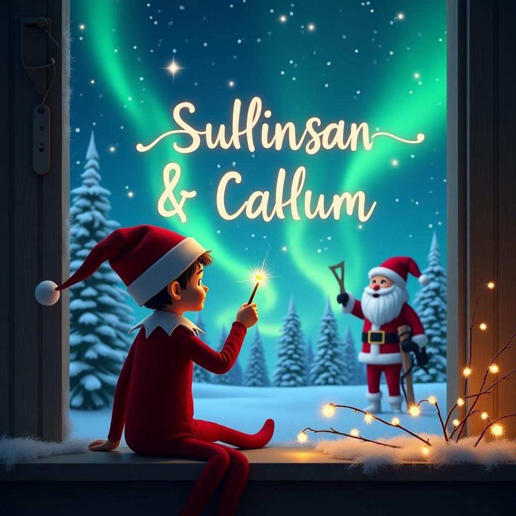 The scene features an elf on the shelf with his back to the viewer, sitting on a windowsill and facing the enchanting night sky. He is using a magic wand to elegantly write the names 'Sullivan & Callum' in the air. The background depicts a magical Christmas landscape, complete with vibrant northern lights and a charming Santa Claus. The atmosphere is filled with holiday cheer and creativity, emphasizing the joy of the festive season. Soft glowing lights adorn the branches outside, enhancing the magical feel of this winter wonderland.