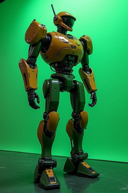 Robot figure with an orange and green design. Set against a green screen backdrop. Unique mechanical features and futuristic style. Full body visualization of the robot. Aesthetic appeal for technology themes.