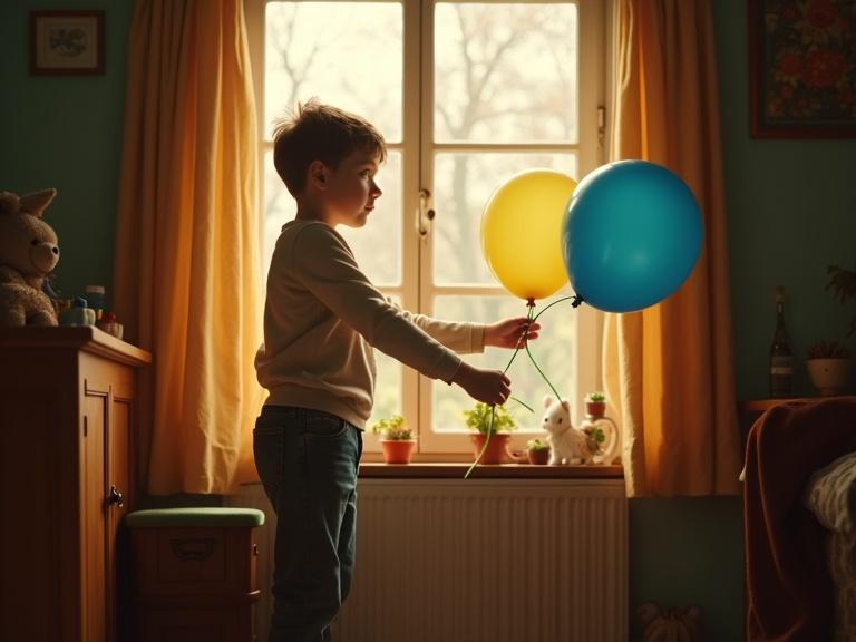 A boy with bright green eyes and tousled hair stands by a window. He holds blue and yellow balloons. A sunny day fills the cozy room with light. A fairy-tale atmosphere surrounds the scene with rich colors.