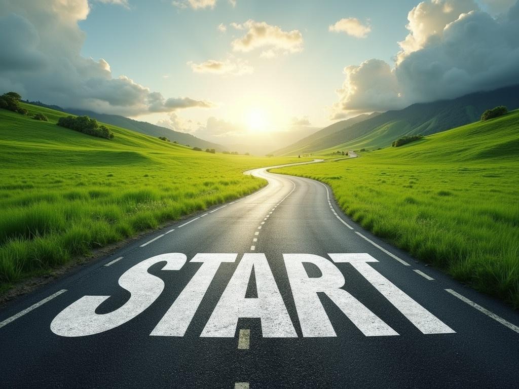 This image shows a winding road in a lush green landscape. It has a clear focus on the word 'START' painted on the asphalt. The road symbolizes the beginning of a journey towards business or personal success. The setting is inspiring, with sunlight breaking through the cloudy sky, reminiscent of hope and new beginnings. This scene captures the essence of starting up, representing the first step on the path to victory and achieving goals.