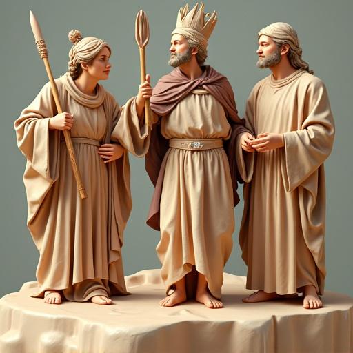 Three figures representing a festival context. They wear traditional attire. Figures include a man with a crown and a spear. Another figure holds a staff. The scene is meant to evoke a cultural festival atmosphere.