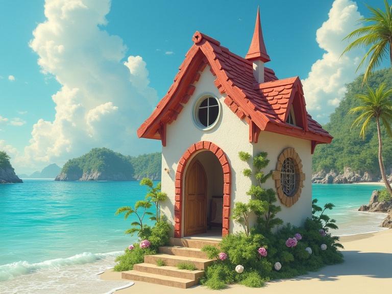 A whimsical house stands on a sandy beach. The house has a red roof and is surrounded by plants. The background features a clear turquoise sea and green hills.
