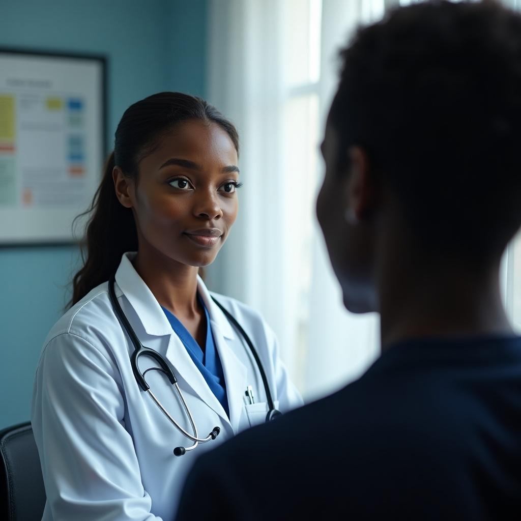 The image depicts a black female doctor in a white coat with a stethoscope, attentively listening to her patient in a bright exam room. The doctor has a calm and professional demeanor, creating a trusting atmosphere. Behind the patient, a shadowy figure can be seen, symbolizing artificial intelligence in healthcare. Natural light illuminates the room, enhancing the caring environment. This setting reflects the importance of communication in patient care and the growing role of technology in medicine.