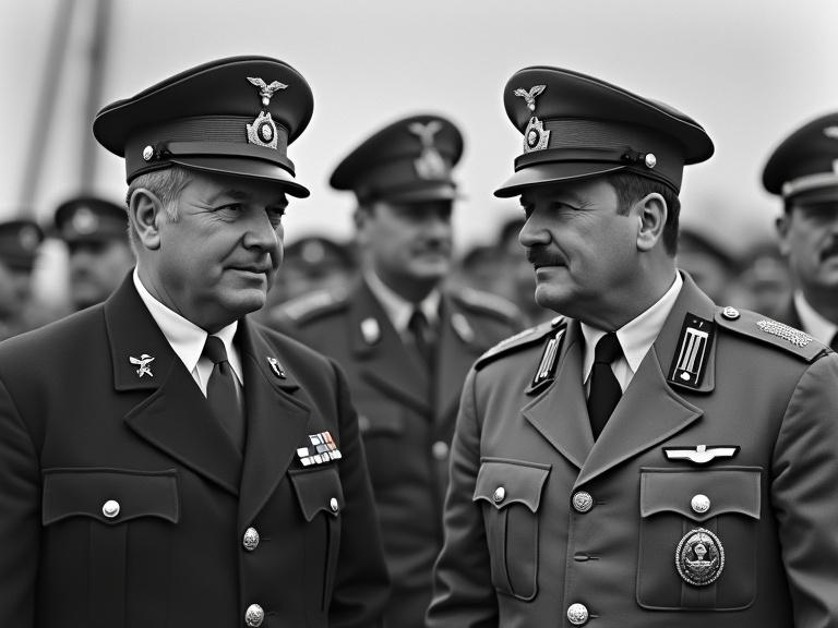 Two high-ranking military officials in uniform engage in conversation during a historical event in 1940. Strong fascist symbols are visible in their attire. The atmosphere suggests alliance intentions during World War II.
