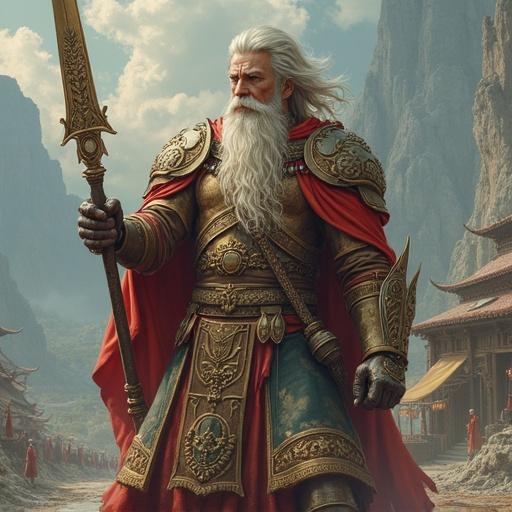 A powerful warrior stands in a dramatic fantasy landscape. The warrior wears ornate armor and holds a spear. Their long hair and beard flow in the wind. Mountains loom in the background with a village below.