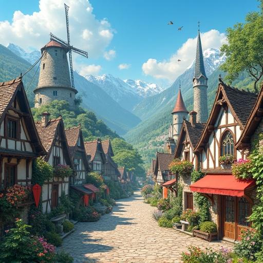 Vibrant dreamlike fantasy town in lush hills. Tall windmills turn slowly. Half-timbered medieval houses with blue-tiled roofs. Bright clear sky with fluffy clouds. Wide cobblestone plaza at the town center. Surrounded by blooming flowers and stone fountains. Ivy-covered balconies and towering spires. Ornate stained-glass windows glowing in sunlight. Peaceful enchanted atmosphere infused with magic. Gentle wind and birds overhead add life.