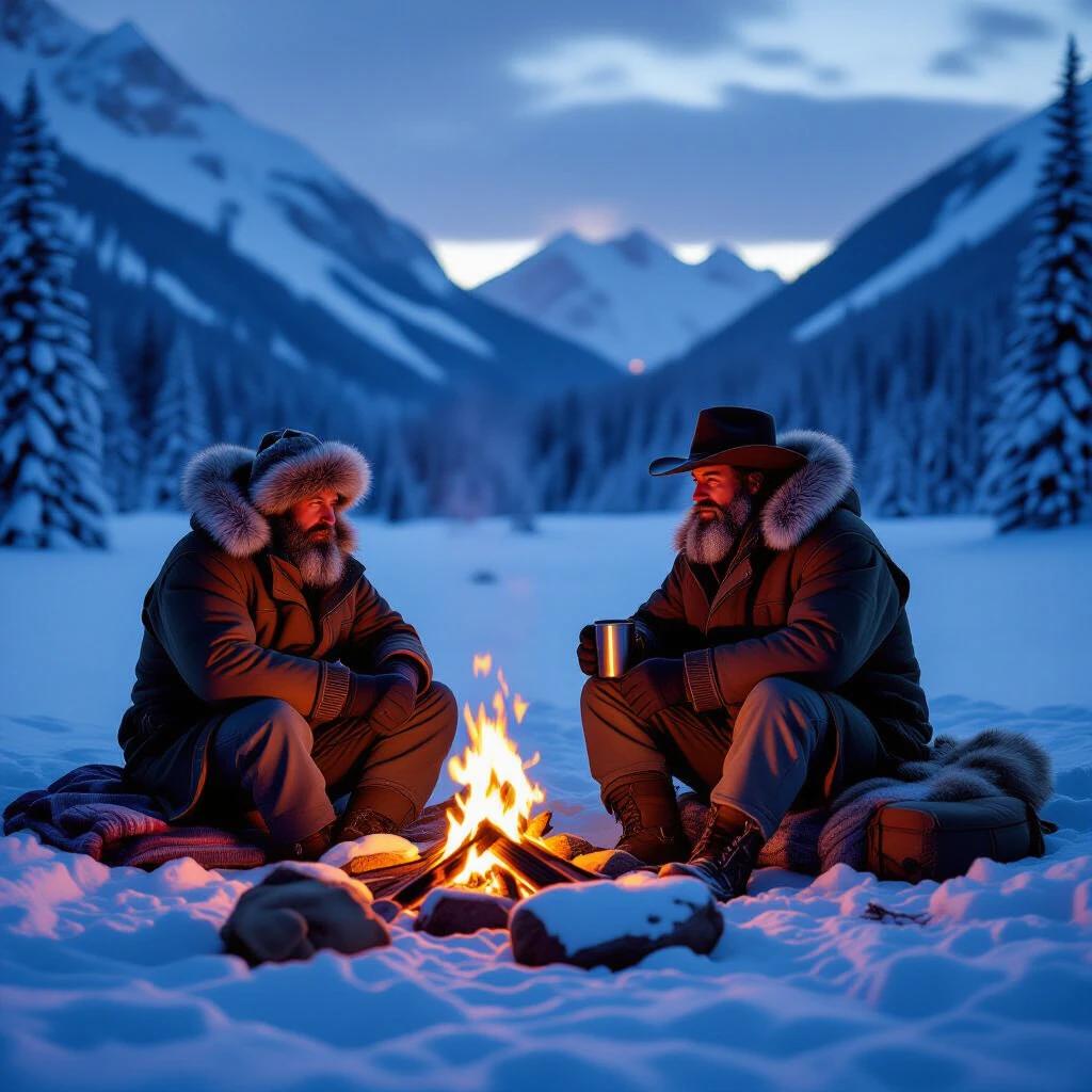 An ultra-realistic wilderness scene captured at pre-dawn in a snow-covered mountain valley. A lone trapper sits beside a glowing campfire. He faces east toward a dark pine forest while seated on a blanket over a flat rock. His boots rest on insulating branches. He wears a frost-dusted coat and hat. In his gloved hands, he holds a steaming metal mug. The scene is illuminated by warm firelight on one side and cool moonlight on the other. Sparks drift from the fire, light snow flurries spiral in the air, and the peaks glow with muted colors. An aura of dreamy haze softens the scene and adds magical ambiance.