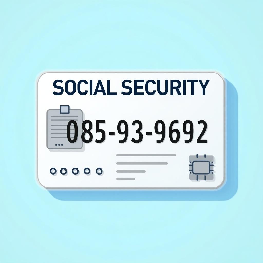 Depiction of a generic social security card. Card features text 'SOCIAL SECURITY'. Key numbers displayed are '085-93-9692'. Graphic chip shown on the card. Decorative elements indicate official nature. Background is soft blue color. Design is professional and clean.