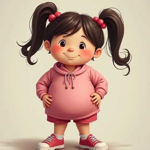 A cute cartoon character, an elementary school girl in a pink outfit with pigtails, wearing sneakers, smiling.