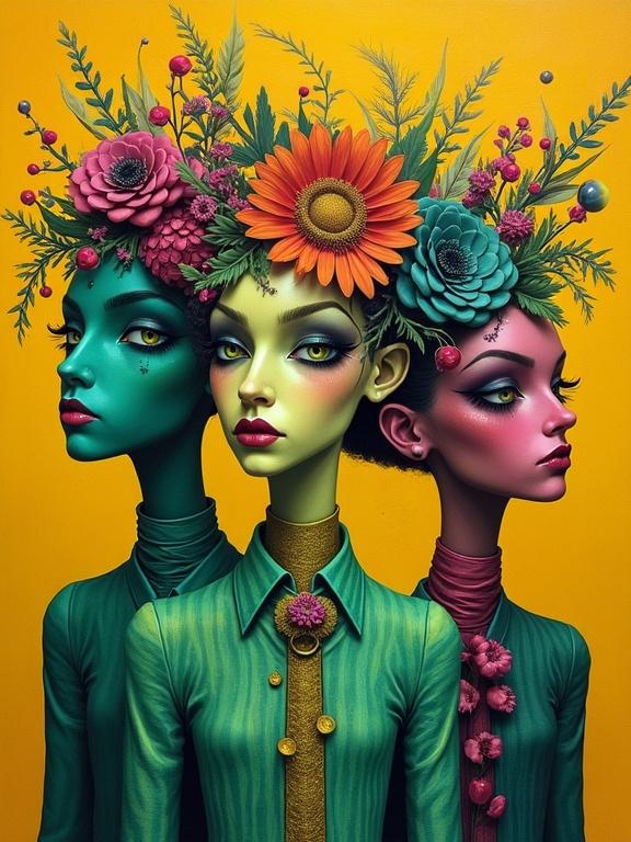 Surreal portrait of three figures with floral headpieces. Figures in eccentric attire with green and magenta shades. Bright yellow ochre background with intricate details.