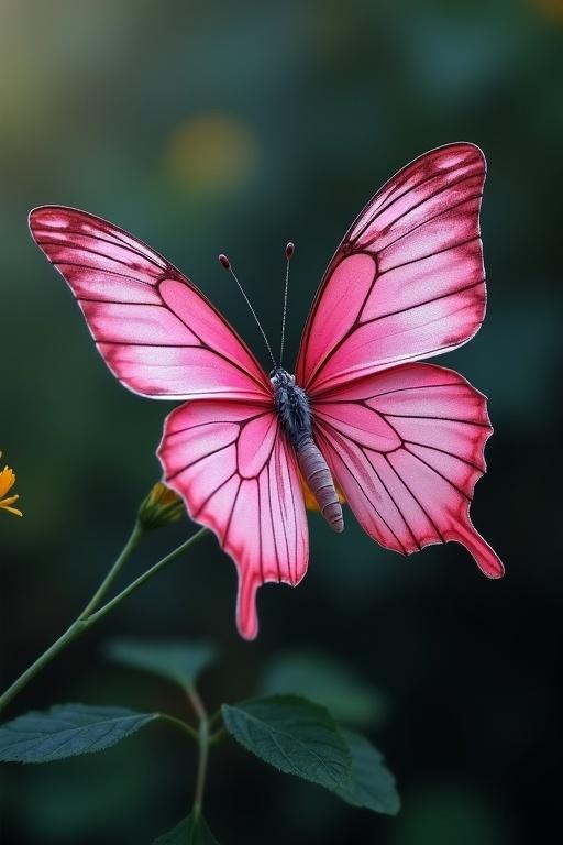 A flying butterfly with dark pink and white color. It features intricate wing patterns with soft ambient lighting. The background is blurred to highlight the butterfly.