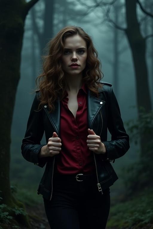 Brooding woman stands in a twilight forest. She wears a black leather jacket and fitted trousers. Crimson silk blouse is partly revealed. Dramatic chiaroscuro lighting enhances the mood. The scene conveys mystery and melancholy. Photorealistic with a painterly touch.